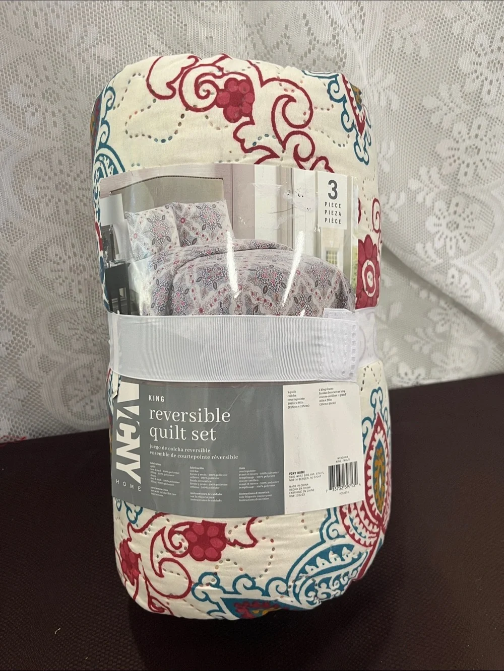 VCNY Home Reversible Quilt Set - Red & Teal Patterned (King) NIB
